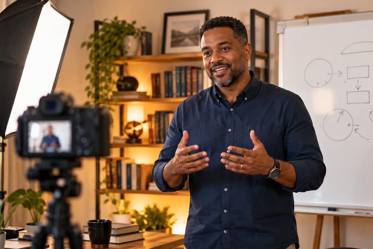 Professor gravando uma aula em vídeo em um pequeno estúdio
