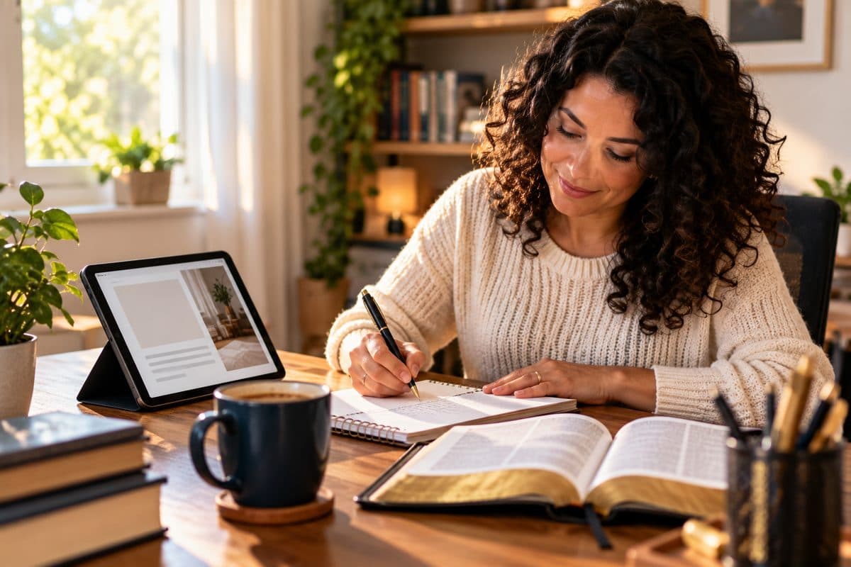 Autora escrevendo seu livro à mesa, com anotações, tablet e a Bíblia aberta