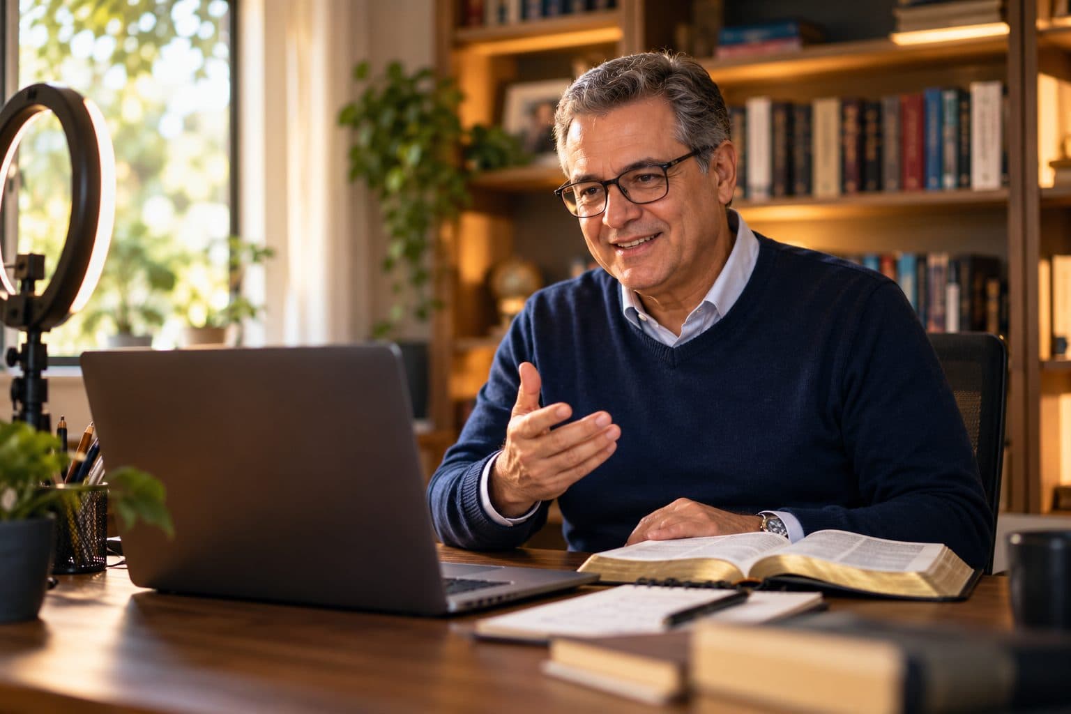Professor gravando uma aula online em seu escritório, com a Bíblia aberta sobre a mesa